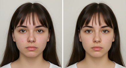 Before and after skin retouching shows a womans flawless complexion