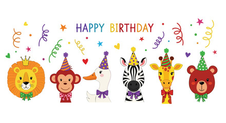 A joyful gathering of cartoon animals celebrating a birthday. including lion, monkey, duck etc surrounded by colorful birthday decorations items