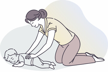 Mother massages her sleeping infant’s back gently to support muscle development and bonding, tender parenting moment, modern flat illustration style.