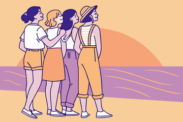 Fototapeta premium Four girls stand arm-in-arm at the beach, watching the golden sunset and sharing a moment of friendship, modern flat illustration style.