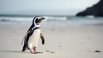A penguin walking on a sandy beach with the ocean in the background.