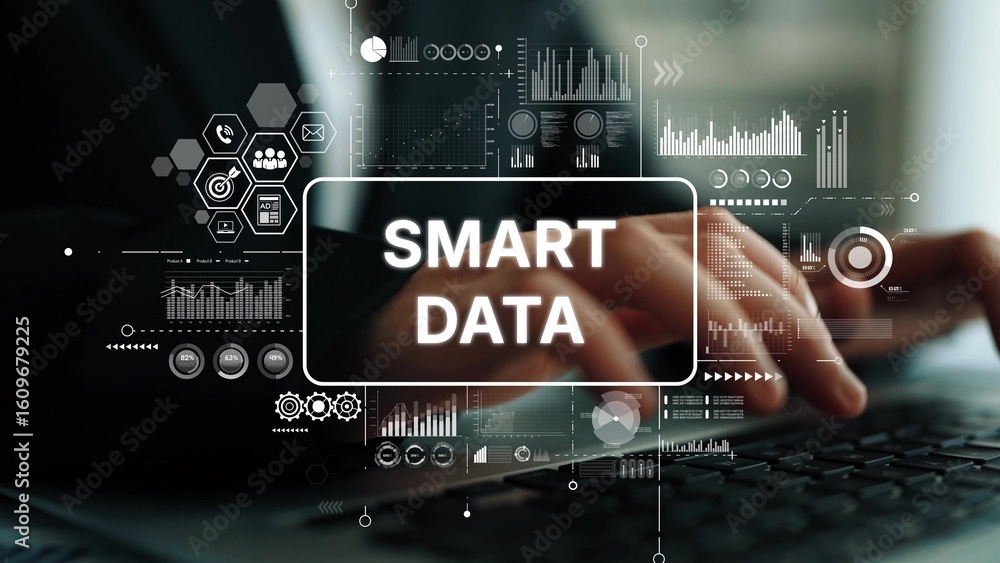Poster businessman using laptop with smart data concept and digital analytics graphics overlay. asymptotic 
