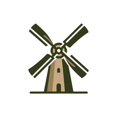 A traditional windmill stands tall against a clear sky, symbolizing renewable energy and agriculture