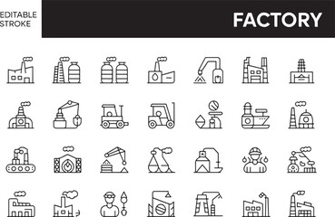 Factory and industrial manufacturing vector line icon set