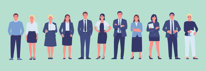 Business team of professional men and women in formal office clothing, standing together professionally, cad drawing flat vector illustration, corporate group concept