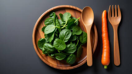 Fresh Spinach, Carrot, and Wooden Utensils on Dark Background - Healthy Food