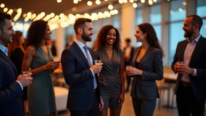 Diverse group of professionals socializing and networking at a corporate event with drinks in hand