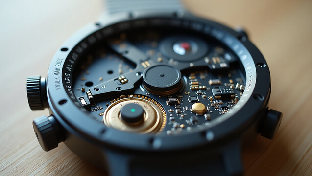 Detailed macro view of a hybrid smartwatch's internal mechanism. The intricate electronic circuit board represents precision and future technology.