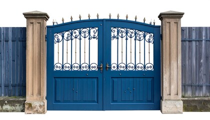 Ornate blue gate with stone pillars