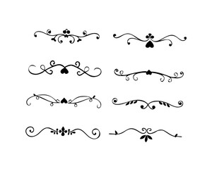 text dividers doodle set. Wedding decorative elements. Divider ornament, borders, floral, vintage line separators. Hand drawn vector illustration isolated on white background. Set page dividers.