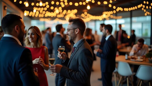 People mingling at a corporate event with champagne glasses and string lights in the background indoors - Powered by Adobe