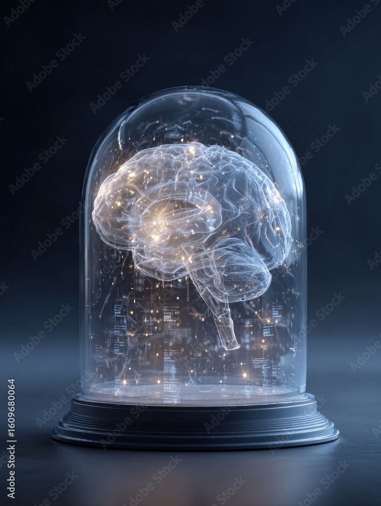 Poster brain housed in a transparent dome showcasing data projections and an open right hemisphere