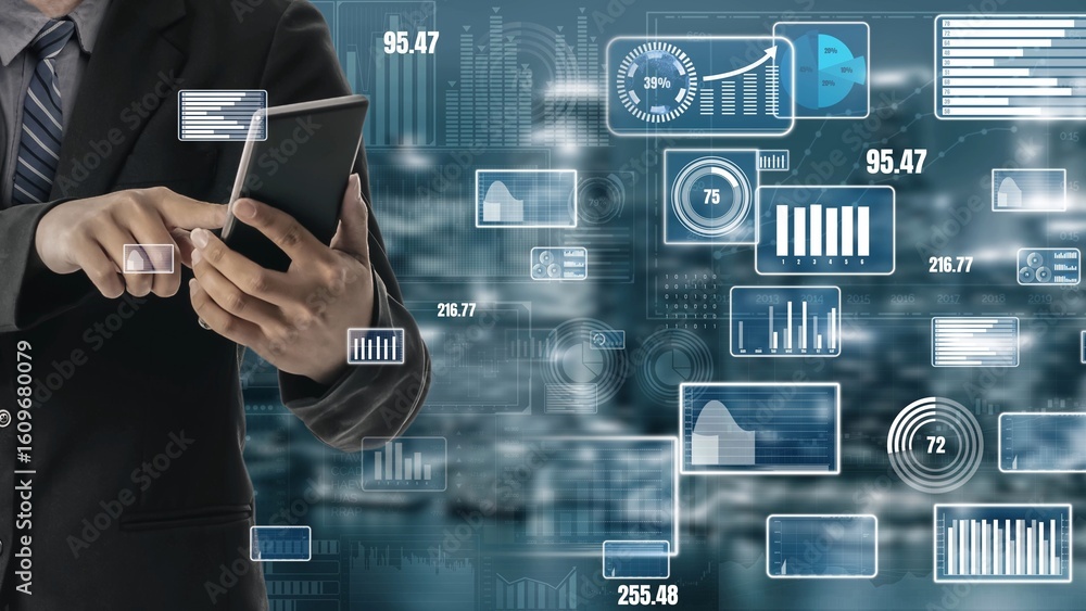 Aufkleber a business professional engages with a tablet while surrounded by dynamic digital data visualization