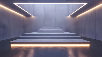 Obraz premium Minimalist concrete stage with dynamic LED backlighting creates modern and sleek atmosphere