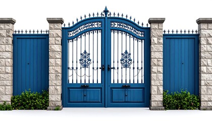 Ornate metal gate with blue wooden panels