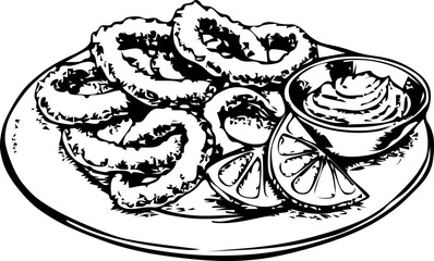 Vector illustration of crispy fried calamari rings served with lemon wedges and dipping sauce. Perfect for seafood menus, appetizer sections, bar snacks, and culinary designs.