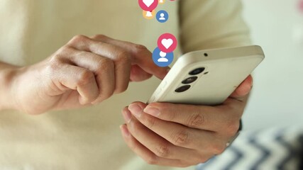 slow motion scene man hand use smartphone to check news feed from social media network application while sitting in cafe at relaxing time for city lifestyle concept	