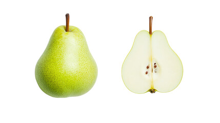 Green pear whole and sliced showcasing fresh fruit on a white isolated background.