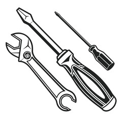 Monochromatic Mechanical Tools Illustration Wrenches and Screwdrivers Essential for Repair and Construction Tasks with Bold Black and White Design