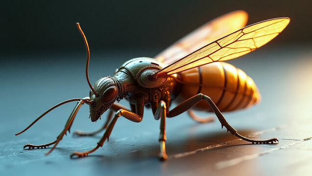 Striking macro view of an intricately detailed insect with metallic shell and glowing translucent wings, captured under dramatic light, revealing its complex form and artistic concept.