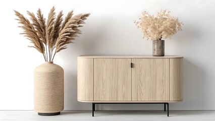 Modern light wood cabinet with decorative dried grass arrangements