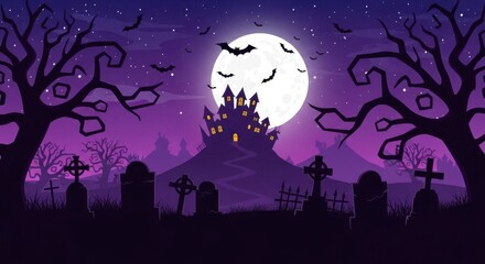 Spooky Halloween Night Full Moon Haunted Castle Graveyard Scene