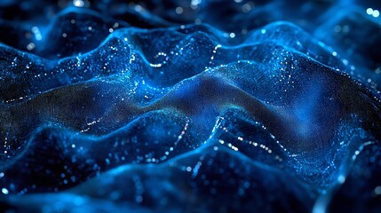Abstract blue landscape with sparkling lights and wave like structures in a dark environment