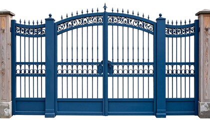 Ornate blue metal gates on wooden fence