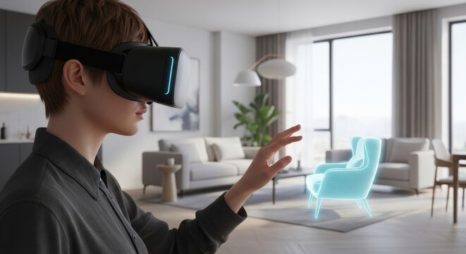 Woman using virtual reality headset for interior design. Augmented reality technology to visualize furniture in a modern living room.