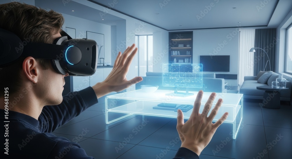 Aufkleber man wearing a virtual reality headset interacting with an augmented reality user interface in a mode