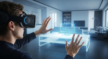 Man wearing a virtual reality headset interacting with an augmented reality user interface in a modern living room.