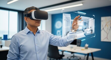 Man in vr headset analyzing virtual interior design. Architect using augmented reality for home visualization and planning.