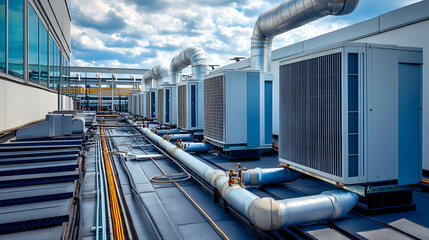 Modern HVAC system on industrial rooftop with large ducts and units under cloudy sky