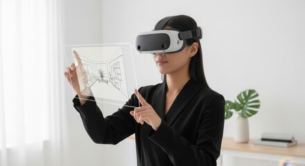 A woman wears a VR headset and interacts with a virtual screen showing an interior design sketch. Augmented reality technology for home architecture visualization.