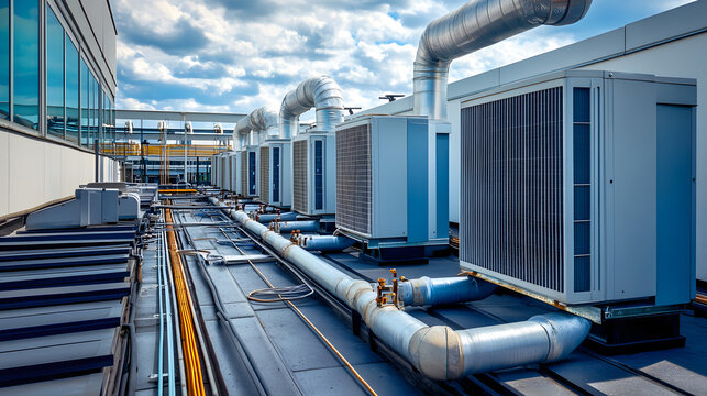 Modern HVAC system on industrial rooftop with large ducts and units under cloudy sky