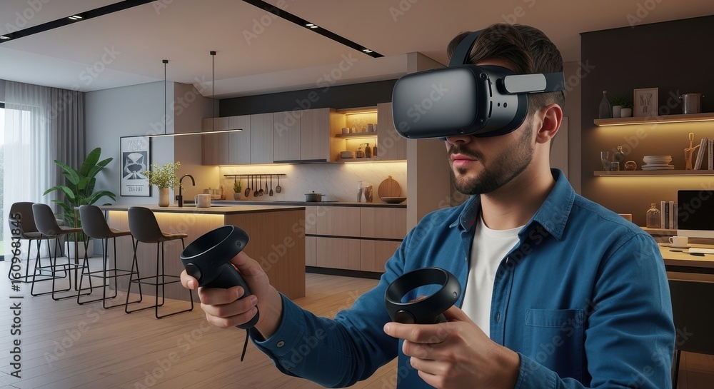 Aufkleber man using virtual reality headset with controllers in modern apartment. immersive digital experience
