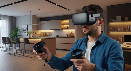 Man using virtual reality headset with controllers in modern apartment. Immersive digital experience and interactive gaming.