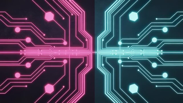 Split Pink and Teal Circuit Board with Pulsing Nodes and Central Streak