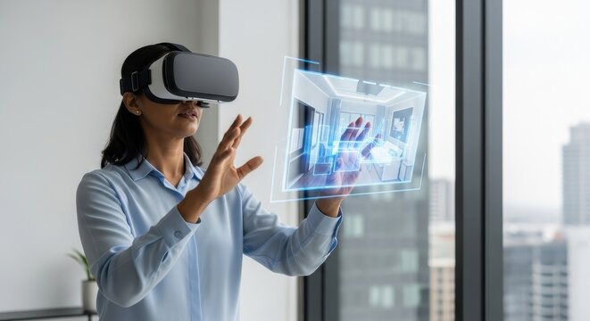 Woman in virtual reality headset interacting with a 3d architectural design. Interior design visualization in metaverse.