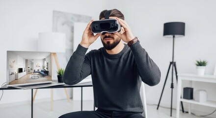 Man wearing virtual reality headset, experiencing virtual reality simulation of modern home interior interior. Digital design concept.