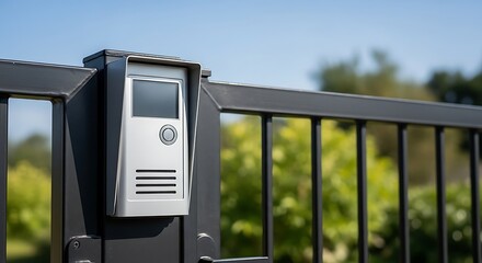 A modern intercom system on a metal gate for home security