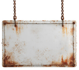 Old white metal sign with rust on transparent background PNG, white board with no text.