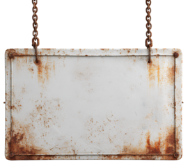 Old white metal sign with rust on transparent background PNG, white board with no text.