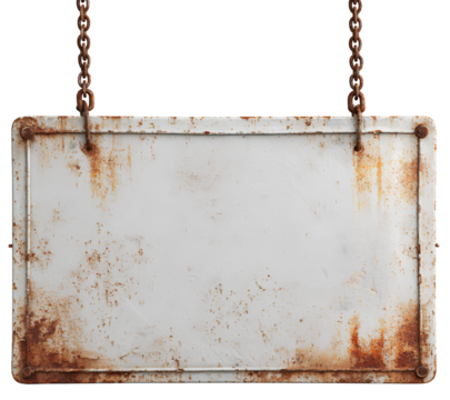 Old white metal sign with rust on transparent background PNG, white board with no text.