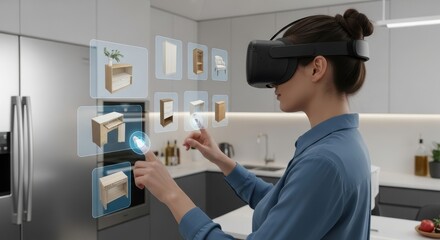 Woman wearing virtual reality glasses interacting with holographic furniture. Augmented reality interior design application for home decor.