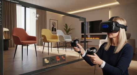 Woman in virtual reality headset selecting furniture for home interior design. Augmented reality shopping experience for chair selection.