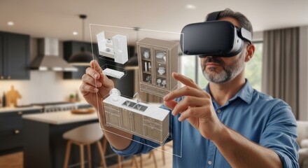 Man wearing virtual reality headset designing kitchen layout in augmented reality, visualizing furniture model in home.