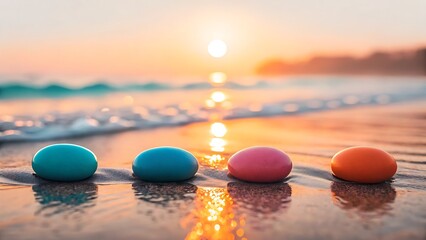 Colorful spheres on a sandy beach at sunset with ocean waves