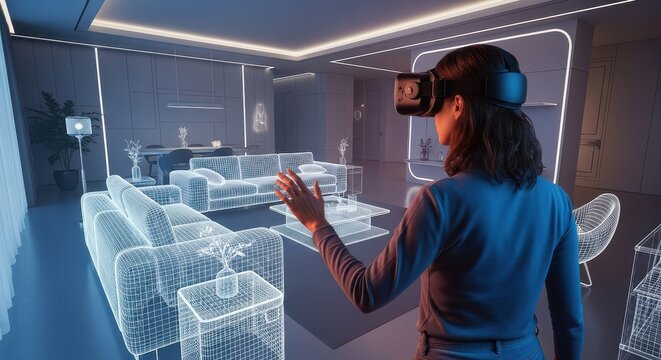 Woman designs virtual interior using VR headset. Augmented reality home decor for digital planning. Future innovations.
