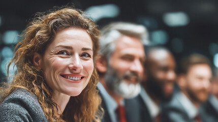 Confident businesswoman smiling warmly in a team meeting radiating positivity and professionalism